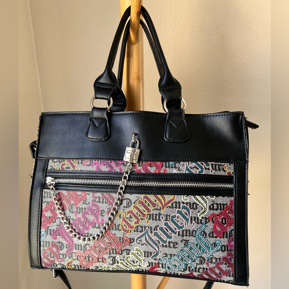 Juicy Couture Handbag Purse Black Multi Logo Lock Chain Zipper Pre-owned